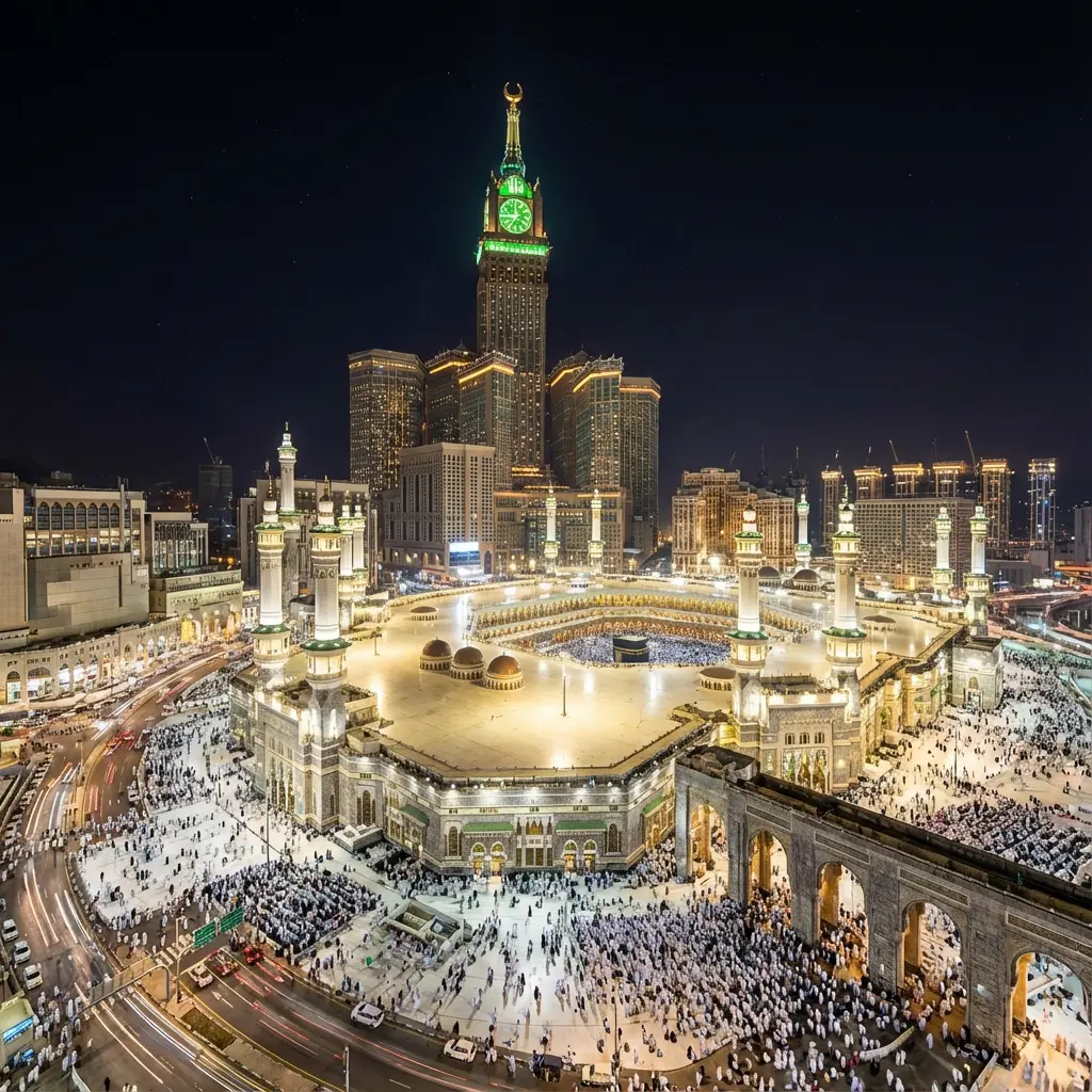 Vue nocturne du Masjid al-Haram et de la tour de l'horloge de La Mecque
